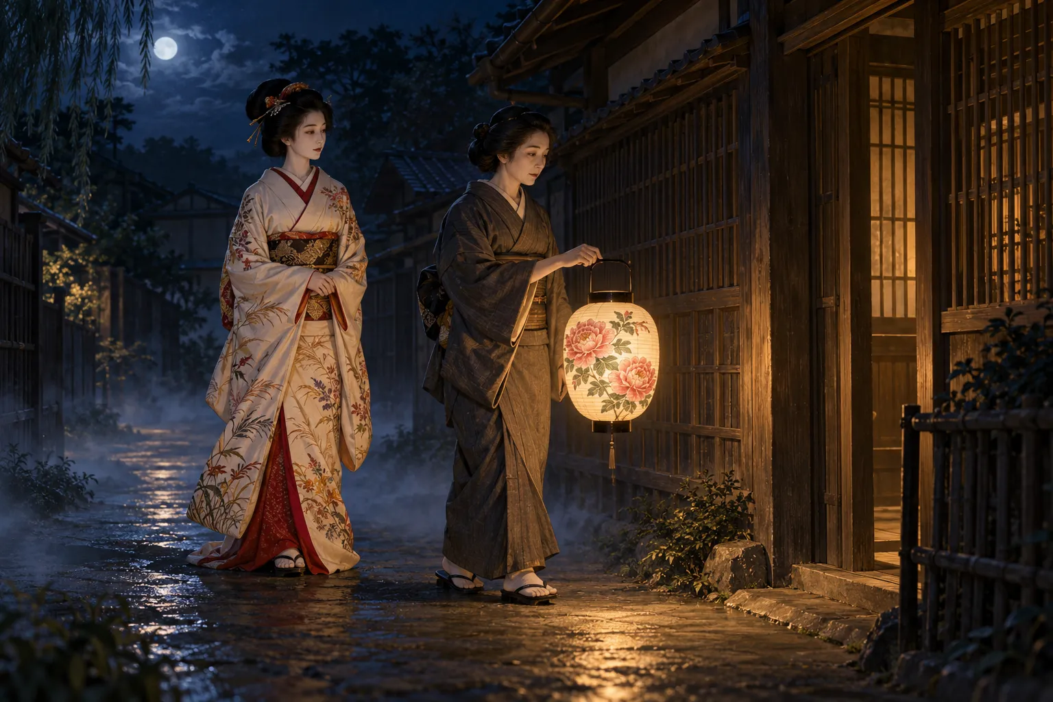 牡丹の花を描いた灯籠を持つお米と、秋草模様の振袖に緋色の襦袢を重ねたお露が夜道を歩く