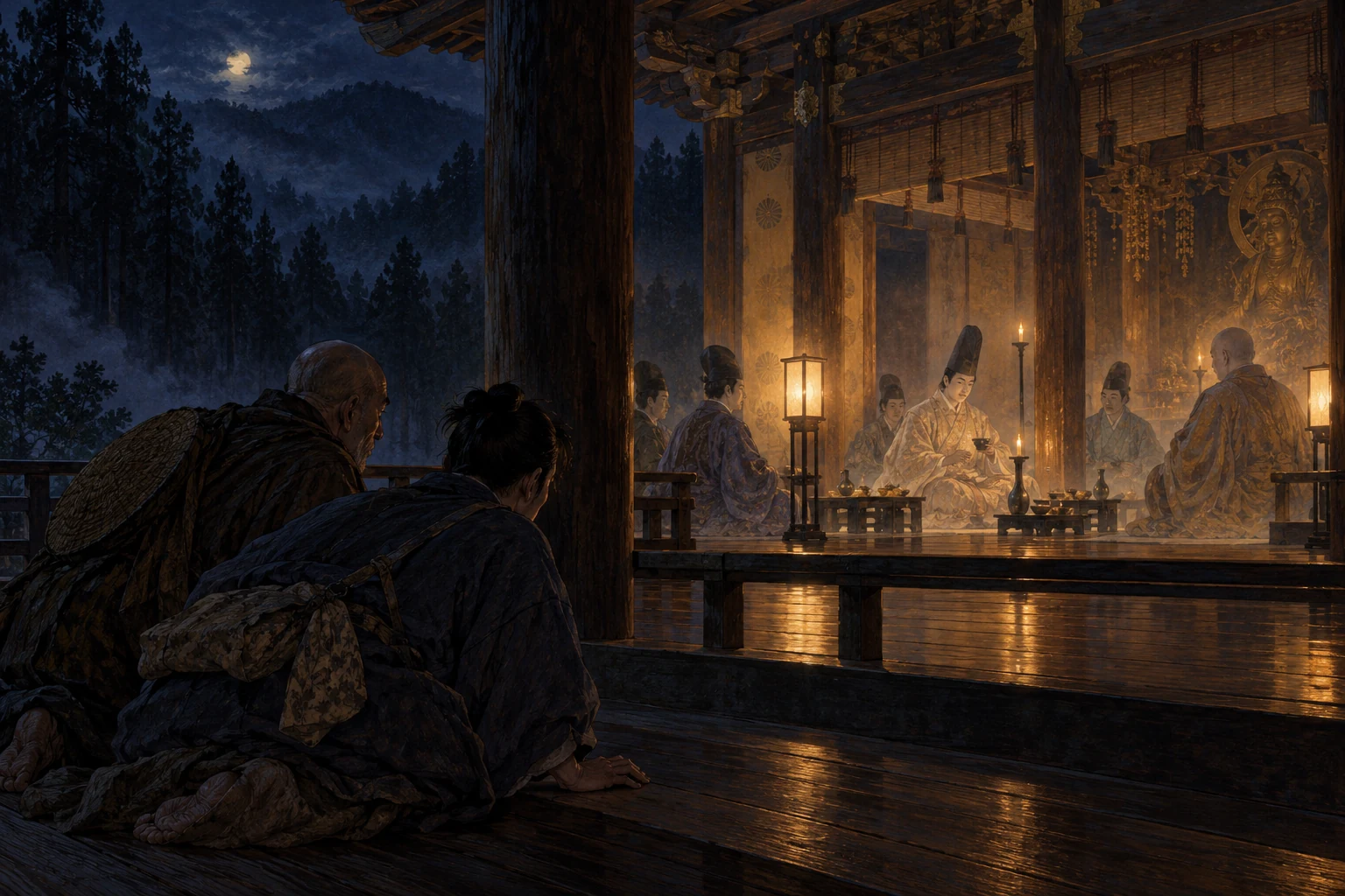 山寺の堂で開かれる貴人たちの夜宴を、身を低くした旅の親子が見守る想像図