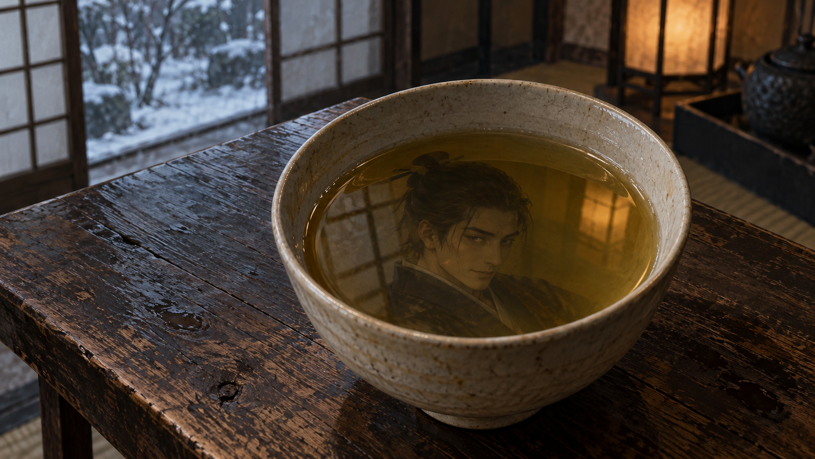 古い茶屋の素朴な茶碗で、黄色い茶の表面に若い武士の顔が映る想像図
