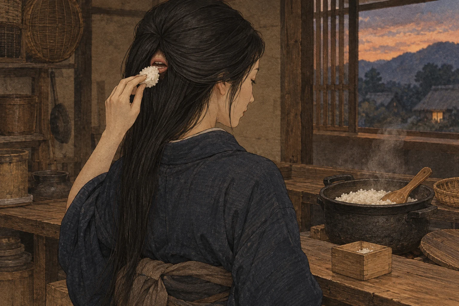 飯を炊いた釜のそばで、髪に隠れた頭の後ろの口へおにぎりを運ぶ女性の想像図