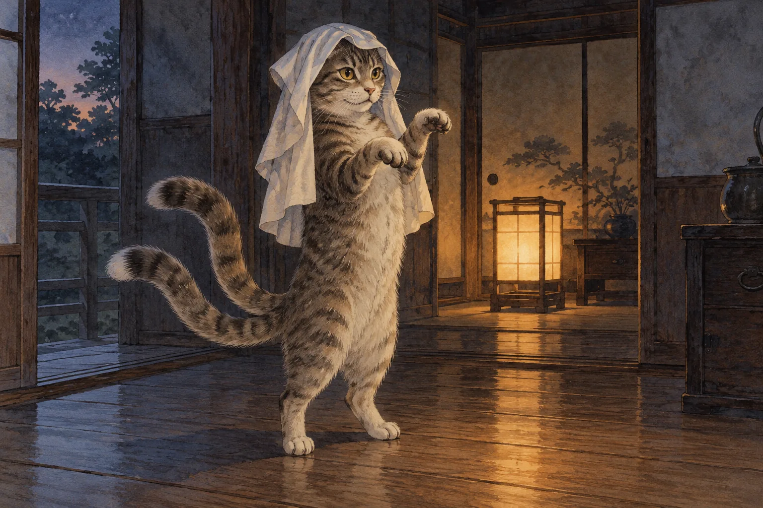 薄暗い和室で頭に布をかぶり、二本の尾を伸ばして後足で立つ縞模様の猫又。奥には行灯が灯る。