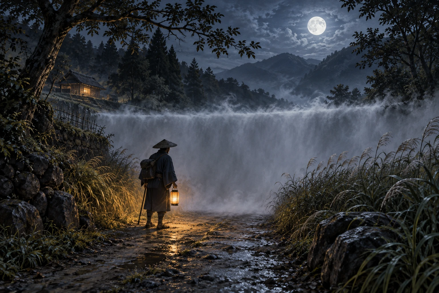 月夜の山道で、霧の境界を前に足を止める旅人を描いたぬりかべの想像図