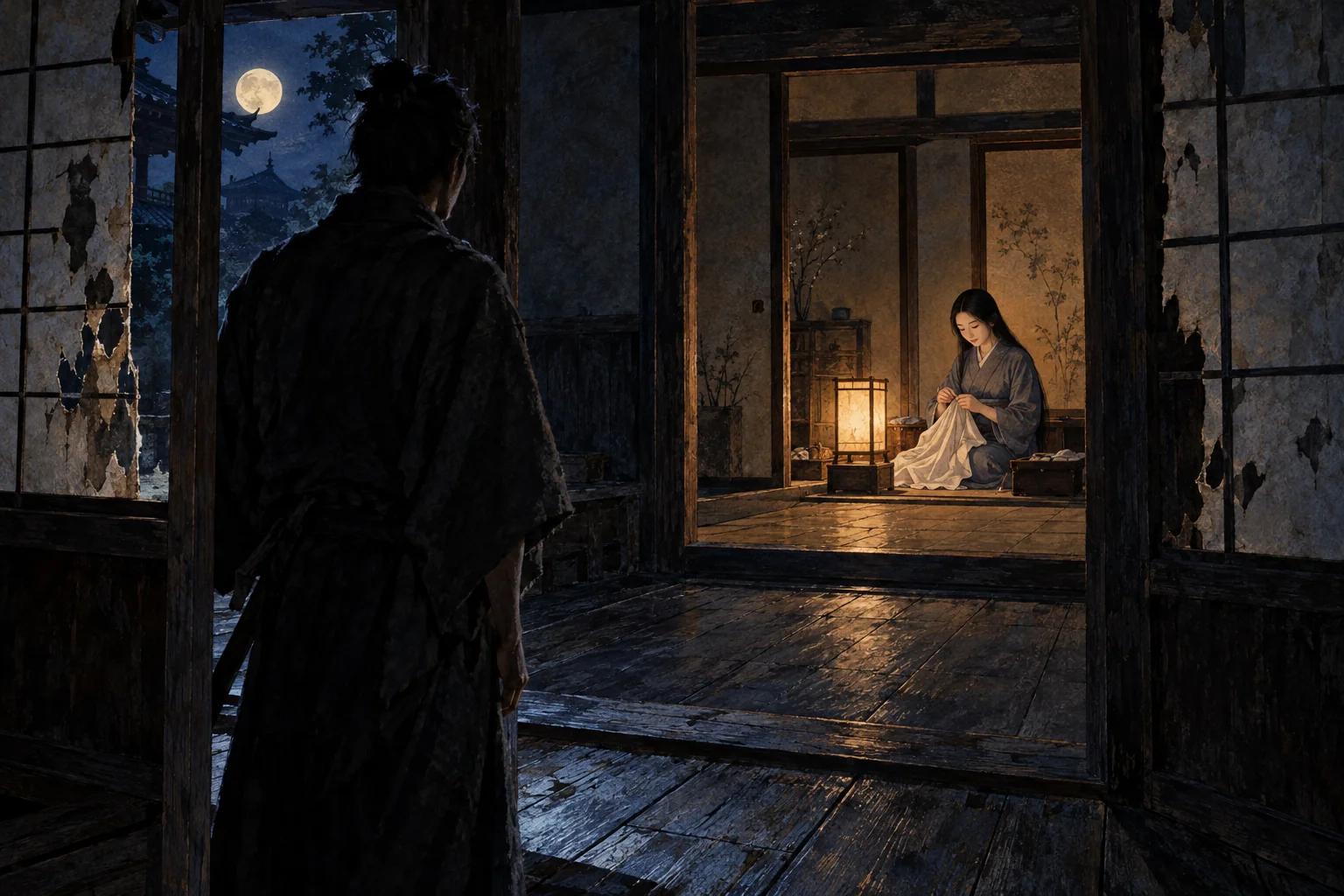 荒れた木造の家の奥で灯火のそばに座る妻と、戸口から見つめる旅姿の武士を描いた想像図