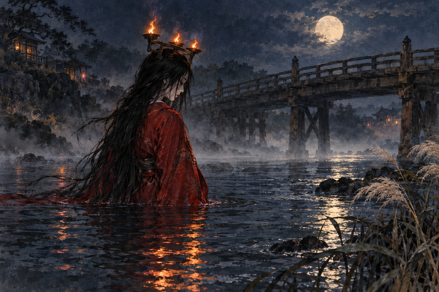 赤い衣をまとい、三つの火がともる鉄の輪を頭に載せた長い黒髪の女が、月夜の橋のそばで川に浸かっている。