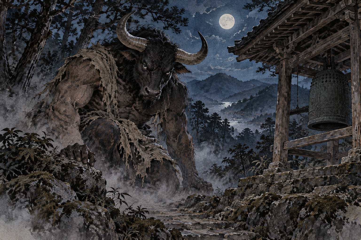 月夜の鐘つき堂のそばに、牛の頭と大きな人型の体を持つ牛鬼が現れた想像図