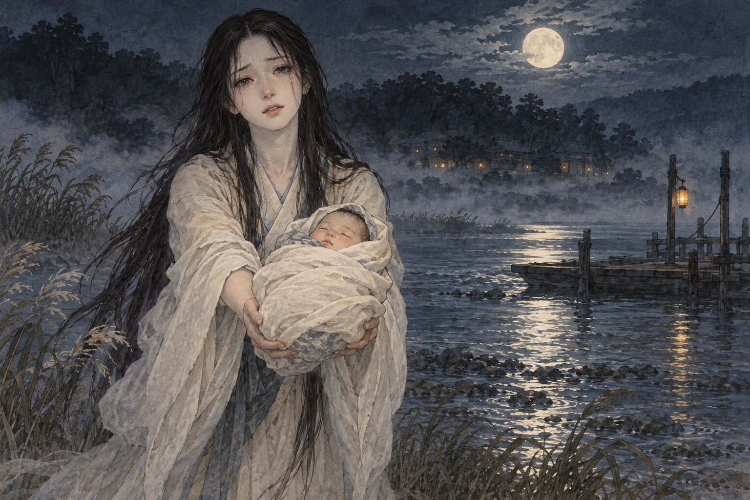 月明かりの川辺で、布にくるまれた赤子を差し出す白い着物の女性を描いた挿絵